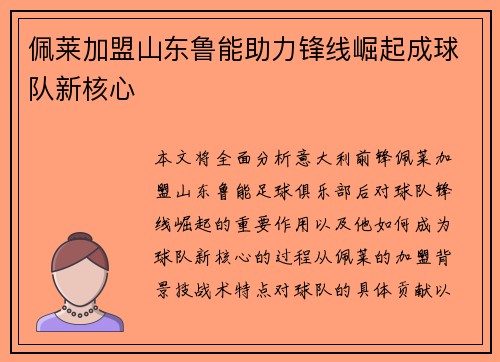 佩莱加盟山东鲁能助力锋线崛起成球队新核心 佩莱加盟山东鲁能助力锋线崛起成球队新核心