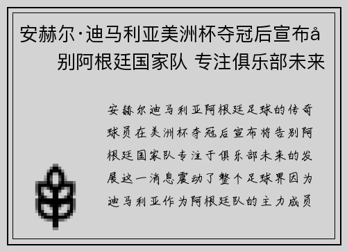 安赫尔·迪马利亚美洲杯夺冠后宣布告别阿根廷国家队 专注俱乐部未来