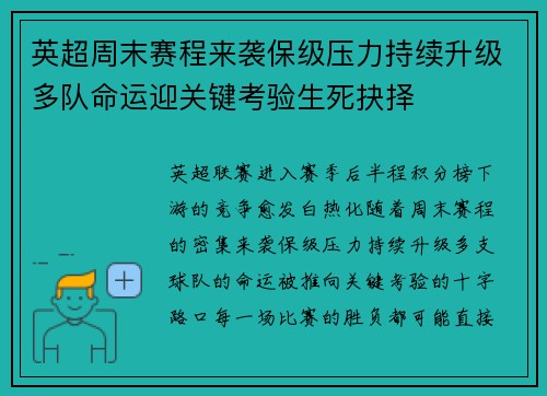 英超周末赛程来袭保级压力持续升级多队命运迎关键考验生死抉择 英超周末赛程来袭保级压力持续升级多队命运迎关键考验生死抉择